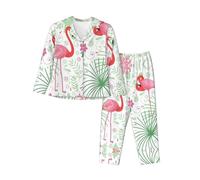 Kfjghhl Floreale Flamingo Botanica Pigiama Set Donna Morbido Due Pezzi Pj'S Set Manica Lunga Top Plaid Pantaloni Sleepwear Tasche, Nero , S