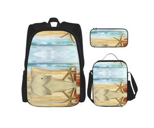Kfjghhl Moderno astuccio con stelle marine e corallo sulla spiaggia sabbiosa con paesaggio, zaino per il pranzo, per ragazzi e ragazze, set di libri scolastici per università, laptop, studenti, estate