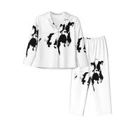 Kfjghhl Mucca In Bianco E Nero Pigiama Set Donne Morbido Due Pezzi Pj'S Set Manica Lunga Top Plaid Pantaloni Sleepwear Tasche, Nero , L