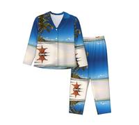 Kfjghhl Pigiama da spiaggia con palma di cocco Set da donna morbido due pezzi Pj'S Set Top a maniche lunghe Pantaloni scozzesi Indumenti da notte Tasche, Nero , XL