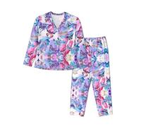 Kfjghhl Set pigiama da donna con farfalle colorate, morbido, due pezzi, top a maniche lunghe, pantaloni scozzesi, indumenti da notte tasche, Nero , XL