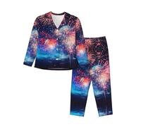 Kfjghhl Set pigiama da donna con stampa fuochi d'artificio in due pezzi, a maniche lunghe, pantaloni scozzesi, pigiameria, tasche, Nero , L