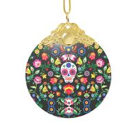 Kfjghhl Sugar Horror Skull and Flowers Hanging Glass Round Christmas Tree Sign Placca Regalo Amici Happy Xmas Gifts Home Dector