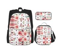 Kfjghhl Zainetto per matite e portapranzo con fiori in fiore e rosa, per ragazzi e ragazze, set di libri scolastici per università, laptop, studenti, estate