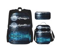 Kfjghhl Zaino con luna piena e nuvole nebbiose con astuccio turchese per il pranzo, per ragazzi e ragazze, set di libri scolastici per università, laptop, studenti, estate