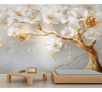 kfjhgbdshhj Carta da parati in marmo di lusso con albero dorato e fiori 3D per camera da letto, poster da parete per soggiorno, camera da letto, cameretta dei bambini, decorazione, 150 cm x 105 cm