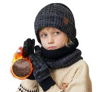 Kfnire Bambini Cappello a Maglia Sciarpa Circolaree Guanti Schermo Touch - Spessa Fodera in Caldo Pile 3PCs Set Termico Invernale per Ragazzi Ragazze