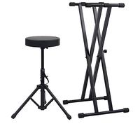 KFPOERTFGD Set di supporto per tastiera e sgabello, doppio braccio, regolabile in altezza, supporto per pianoforte elettrico con sedile imbottito, nero, pieghevole