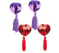 KGDUYC 2 paia di pasticcini da donna in silicone adesivi per capezzoli copertura autoadesiva a forma di cuore con nappa di paillettes riutilizzabile, donne breast pasties riutilizzabile rosso,viola