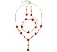 KGDUYC parure gioielli donna,Romantico Fiore Rosa Rossa Gioielli Donna 3-Set Elegante Parure Gioielli Delicato Floreale Orecchini Braccialetto Pendenti Set Per Donne Ragazze,collana rossa