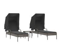 KGFHERENB Set di 2 lettini prendisole con tetto e tavolo, in polyrattan | Set di mobili da giardino complementari da 3 pezzi con schienale regolabile e tettuccio parasole estensibile per balcone e