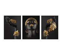 KHADR 3 Pezzi Quadro su Tela Arte Africana Donna in Oro Nero con Gioielli in Oro Quadri su Tela Poster per Soggiorno Camera da Letto Decorazione Domestica, Senza Cornice,70X100cm Senza Cornice