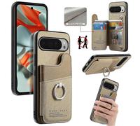 (Khaki)Compatible for Google Pixel 9 Pro XL / Pixel 10 Pro XL Case with Card Holder & Kickstand, Leather + TPU + PC Hybrid Protective Phone Cover