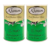 Khanum - Grasso per burro puro ghee, 2 x 1 kg, di alta qualità per friggere, cucinare e cuocere, perfetto per friggere, alto punto di fumo, senza additivi con adesivo Kajal