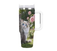 KHAUERBC Bicchiere da caffè da viaggio con occhi blu e ambra, in acciaio inossidabile, tazza da caffè con coperchio e cannuccia, tazza con manico, grande capacità, doppia parete, sottovuoto, a prova