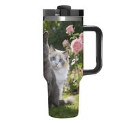 KHAUERBC Bicchiere da caffè da viaggio con occhi blu e ambra, in acciaio inossidabile, tazza da caffè con coperchio e cannuccia, tazza con manico, grande capacità, doppia parete, sottovuoto, a prova