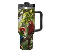 KHAUERBC Birdsong in The Forest - Bicchiere da caffè da viaggio in acciaio inox, tazza da caffè con coperchio e cannuccia, tazza con manico, grande capacità, a doppia parete, sottovuoto, a prova di