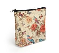 KHAUERBC Borsa per il trucco romantica con motivo floreale con uccelli, farfalla e cerniera, per adulti, piccola borsa per il trucco leggera, trousse per cosmetici per oggetti essenziali da viaggio