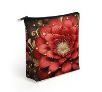 KHAUERBC Borsa per trucco con cerniera e fiore rosso oro per adulti, piccola borsa per il trucco leggera, borse per cosmetici per oggetti essenziali da viaggio