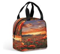 KHAUERBC Borsa portapranzo con campo di papaveri rossi al tramonto, per donne e uomini, a prova di perdite, resistente e riutilizzabile, per lavoro, viaggi, attività all'aperto
