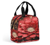 KHAUERBC Borsa portapranzo con fiori rossi e oro, per donne e uomini, a prova di perdite, resistente e riutilizzabile, per lavoro, viaggi, attività all'aperto