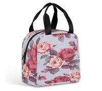 KHAUERBC Borsa portapranzo con rose rosse, motivo floreale, per donne e uomini, a prova di perdite, resistente e riutilizzabile, per lavoro, viaggi, attività all'aperto