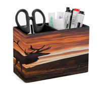 KHAUERBC Portapenne in pelle PU per scrivania, doppio scomparto, con cervo rosso, toro e alce tramonto. Portapenne multifunzione per cosmetici da ufficio, idea regalo, porta telecomando, 11,9 x 7,1 x