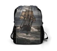 KHAUERBC Sailing Ship in Storm Zaino con coulisse per adulti, borsa da palestra con scomparto per scarpe, zaino da trekking con tasche laterali in rete