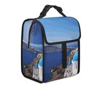 KHAUERBC Santorini - Borsa per il pranzo con isola greca, vista mare, doppio scomparto a tenuta stagna, borsa termica con manico, borsa per il pranzo per lavoro e viaggio