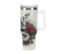 KHAUERBC Tazza da caffè a doppia parete isolante sottovuoto con rosa rossa su serpente con cannuccia e manico, bottiglie d'acqua per caffè freddo, tè, bevande calde e fredde
