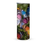 KHAUERBC Tazza da viaggio colorata con manico a fiori e farfalle, 590 ml, bicchiere da caffè da viaggio, in acciaio inox, isolamento sottovuoto, a doppio strato, adatto per portabicchieri del veicolo