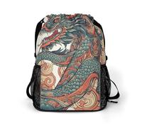 KHAUERBC Zaino con coulisse drago rosso e ciano per adulti, borsa da palestra con scomparto per scarpe, zaino da trekking con tasche laterali in rete