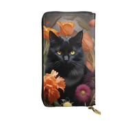 KHDKLXOHZ Elegante portafoglio lungo in pelle nera con gatto e fiore da donna, grande capacità, custodia porta carte di credito, pochette elegante per donne e uomini, 3D, Taglia unica, Classico