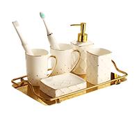 KHDONT Agriturismo Dispenser di Sapone in Porcellana Bone China Set di Accessori da Bagno 6 Pezzi Set da Bagno con Decorazioni in Oro Dispenser di Sapone Porta spazzolino Bottiglia a Pompa