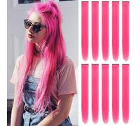 KHDULQ 10 Pezzi Extension Capelli Colorati con clip Rosa Rossa Extension Clip Capelli Colorati per Bambini Donne 22 pollici Lungo Dritto,per Bambini Ragazze Donne Festival Feste Cosplay