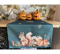 khevga Runner da tavola autunno verde con scoiattolo 140 x 40 cm