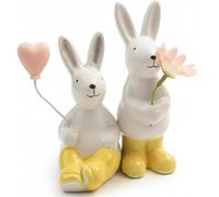 khevga Set di 2 coniglietti decorativi in dolomite, coniglietti pasquali con palloncino e fiore, decorazione primaverile, bianco/giallo/rosa, circa 7,5 × 4,5 × 10 cm, decorazione pasquale per tavolo