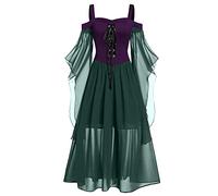 KHIRVWL Abiti medievali da Donna Abito Rinascimentale con Maniche a Campana Patchwork in Tinta Unita Gotico Abito Rinascimentale Taglie Forti con Spalle Scoperte Cosplay Carnevale Halloween Party