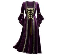 KHIRVWL Abito da Corte da Donna Abito Medievale Rinascimentale retrò Abito Vintage a Maniche Lunghe con Scollo Quadrato Abito in Velluto Dorato Costume Steampunk Festa di Carnevale di Halloween