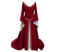 KHIRVWL Abito Medievale da Donna retrò Tinta Unita con Scollo a V con Maniche a Campana Abito Gotico Abito Vittoriano Abito da Sera Elegante Adatto per Feste di Halloween Carnevale in Maschera