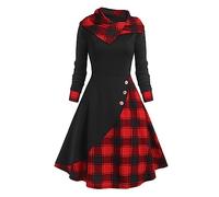 KHIRVWL Abito Medievale Vintage da Donna, Abito Gotico Vittoriano, Abito Scozzese Vintage con Bottoni Patchwork, Abito Midi con Cappuccio, Festa di Halloween Dark Vestiti Carnevale Donna