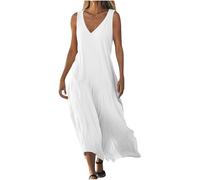 KHIRVWL Abito Senza Maniche Donna Scollo a V, Vestito in Cotone e Lino, Colore Unito Abiti Tinta Unita Vestito Boho al Ginocchio Larghe Vacanza Festa Vestiti per la Primavera e L'Estate Confortevole