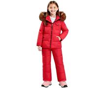 KHIRVWL Completo Sci Bambino 2 Pezzi Piumino Cappuccio Colletto in Peluche + Salopette Tuta da Sci Termica Inverno Calda Neve Antivento Tuta Invernale con Muta Sfoderabile Outdoor Softshell Snowboard