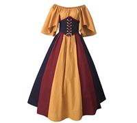 KHIRVWL Costume Medievale da Donna Abito Rinascimentale Tinta Unita Patchwork Abito Gotico Vintage Abito da Donna con Spalle Scoperte a Collo Basso Abito da Cocktail a Maniche Corte Halloween