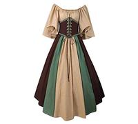 KHIRVWL Costume Medievale da Donna Abito Rinascimentale Tinta Unita Patchwork Abito Gotico Vintage Abito da Donna con Spalle Scoperte a Collo Basso Abito da Cocktail a Maniche Corte Halloween