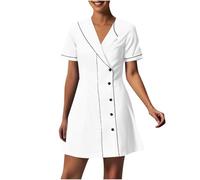 KHIRVWL Divisa Sanitaria Donna Cotone Divisa Medico Elegante Manica Corta Camice da Laboratorio Elasticizzato Leggero Camice da Lavoro Officina Pulizie Grembiule Infermiera Donna