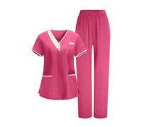 KHIRVWL Divisa Sanitaria Donna Divisa Infermiere Set con Casacca e Pantalone con Scollo A V Top Casacca Manica Corta Camice da Laboratorio Clinica Cameriera Etichetta Camicia Uniformi Medica Estiva