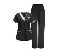 KHIRVWL Divisa Sanitaria Donna Divisa Infermiere Set con Casacca e Pantalone con Scollo A V Top Casacca Manica Corta Camice da Laboratorio Clinica Cameriera Etichetta Camicia Uniformi Medica Estiva
