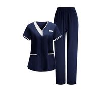 KHIRVWL Divisa Sanitaria Donna Divisa Infermiere Set con Casacca e Pantalone con Scollo A V Top Casacca Manica Corta Camice da Laboratorio Clinica Cameriera Etichetta Camicia Uniformi Medica Estiva
