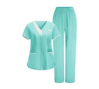 KHIRVWL Divisa Sanitaria Donna Divisa Infermiere Set con Casacca e Pantalone con Scollo A V Top Casacca Manica Corta Camice da Laboratorio Clinica Cameriera Etichetta Camicia Uniformi Medica Estiva